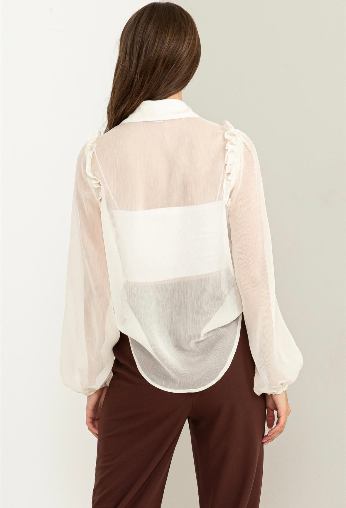 Ivory Sheer Ruffle Button Down