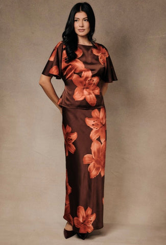 Brown Floral Satin Skirt