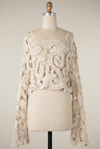 Beige Lacey Crochet Cropped Sweater