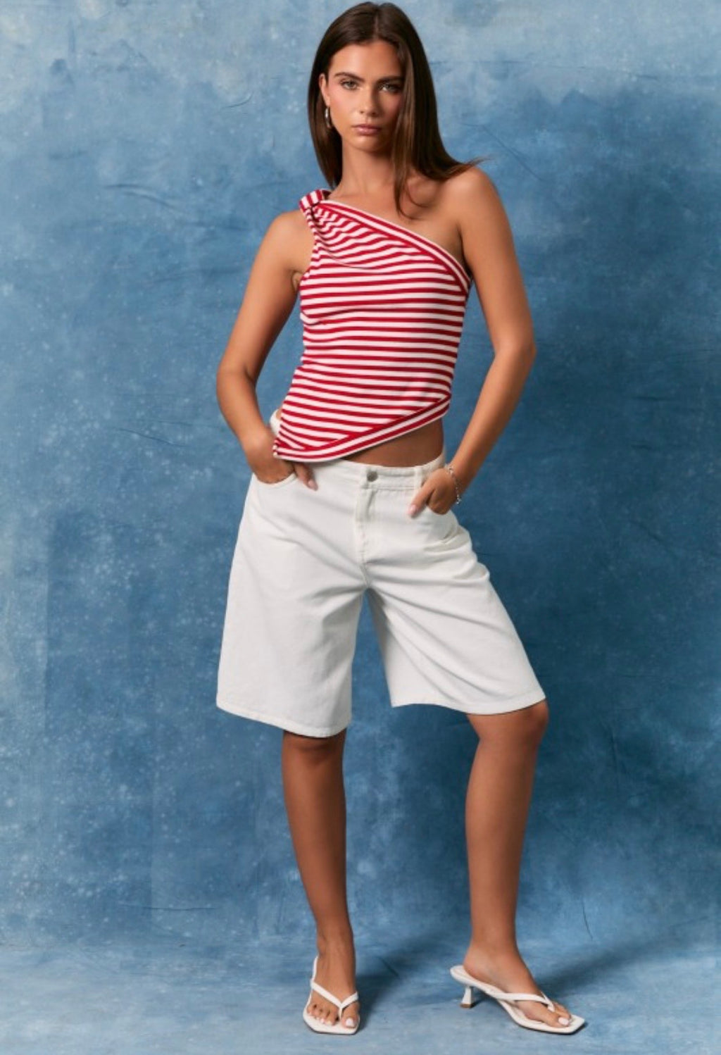 Red Stripe One Shoulder Top