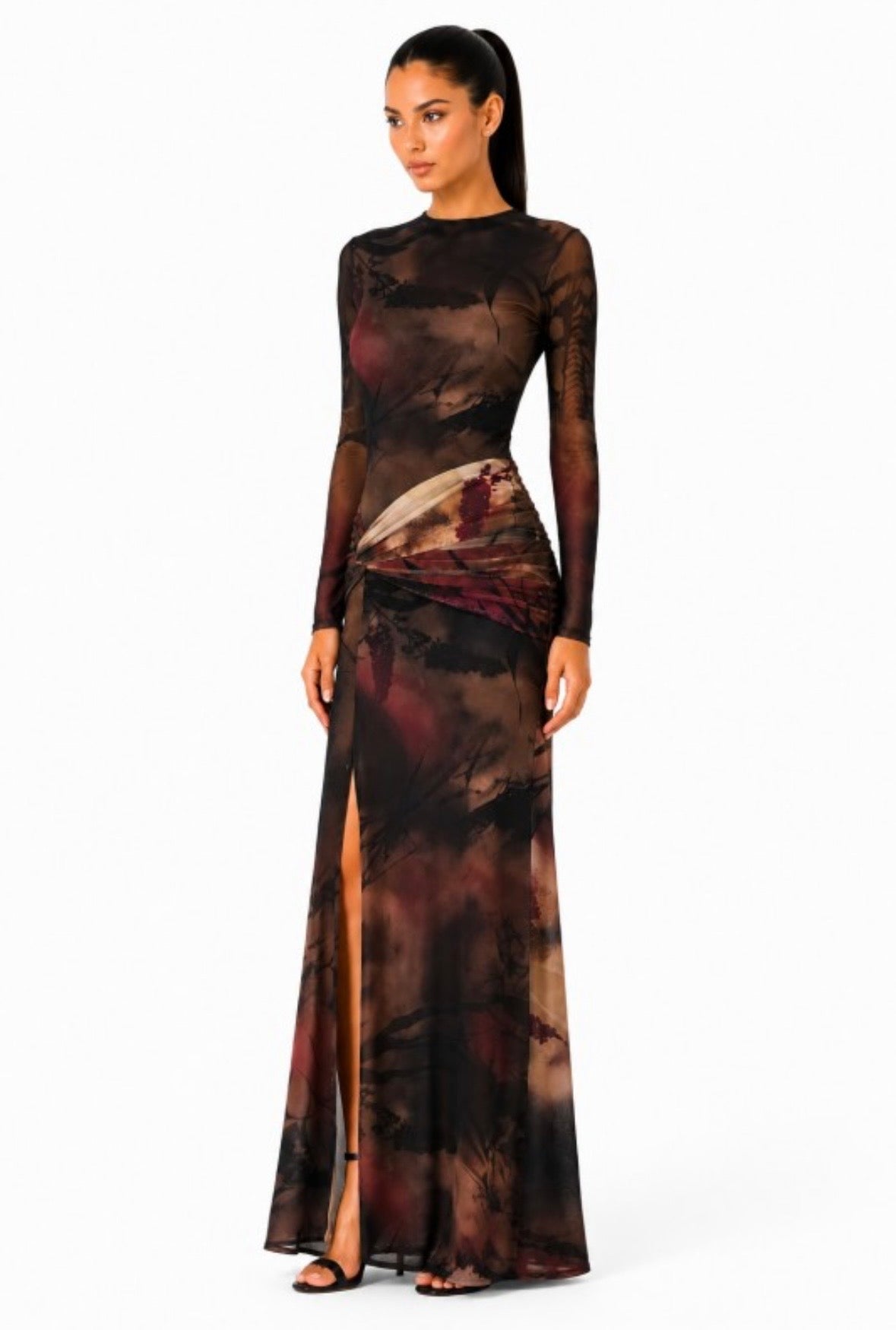 Brown Abstract Mesh Maxi Dress