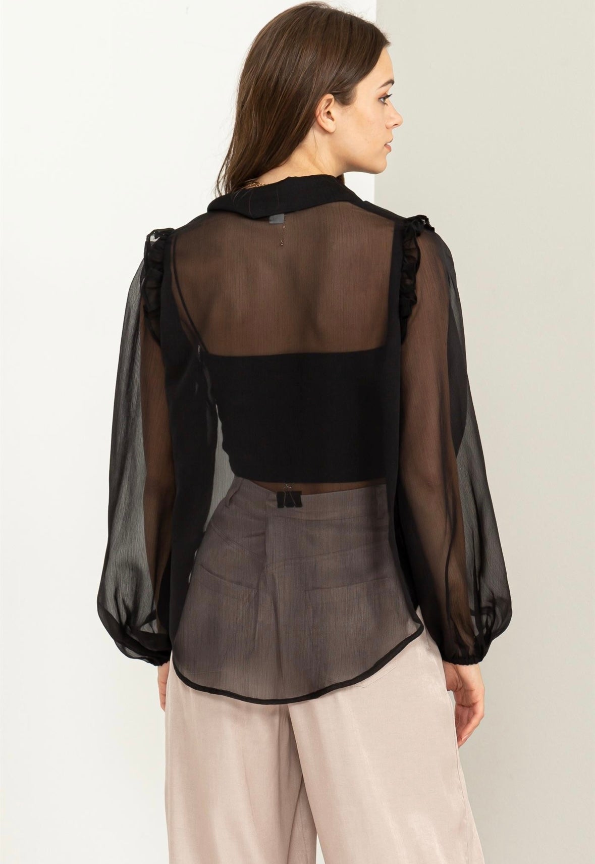 Black Sheer Ruffle Button Down