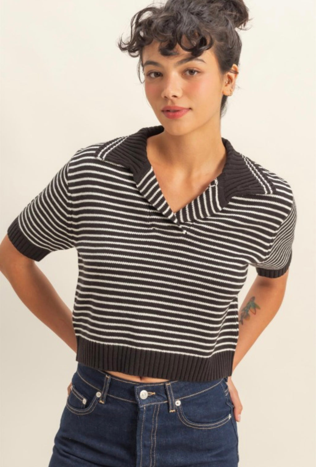 Black Striped Collard Sweater