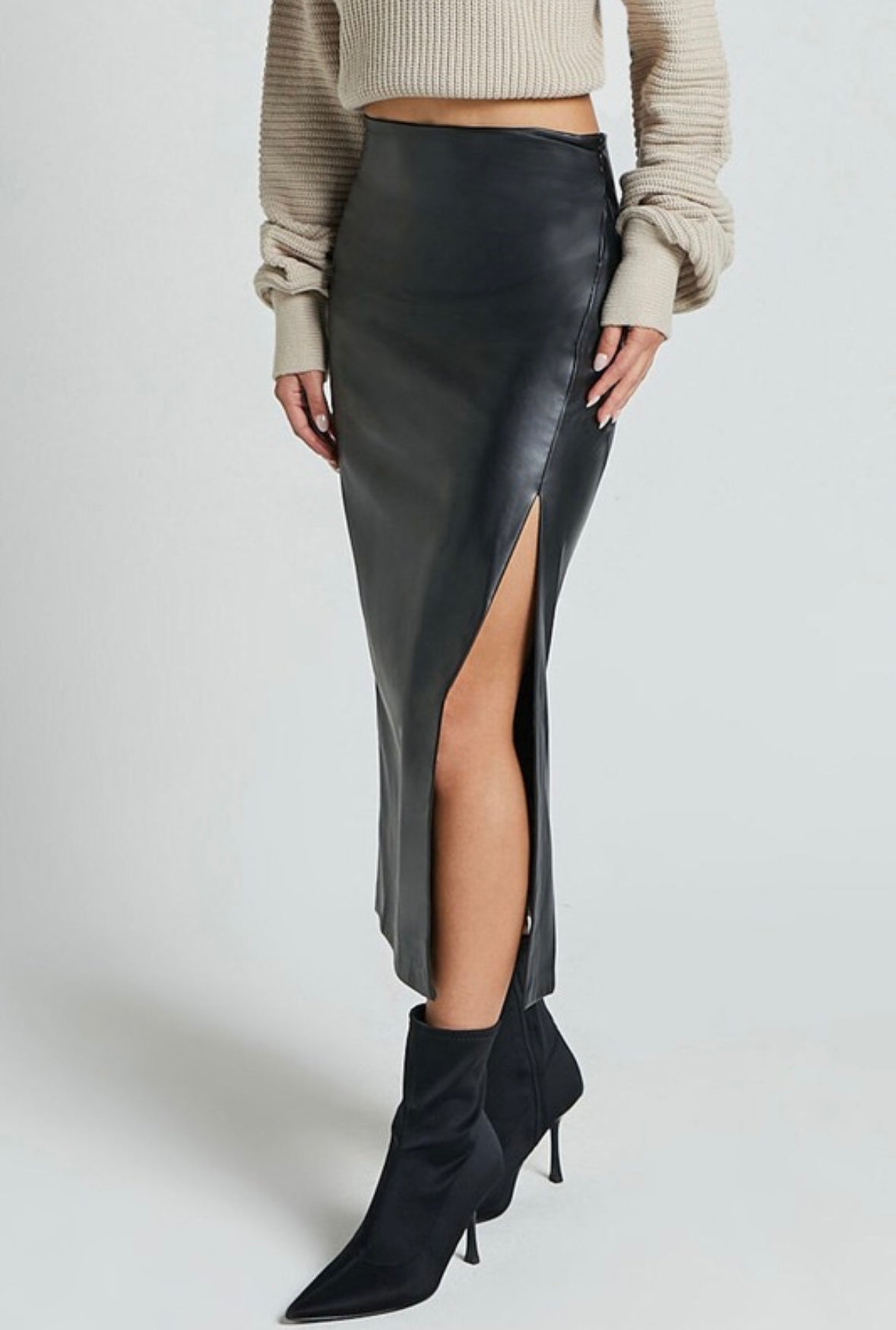 Black Vegan Leather Midi Skirt