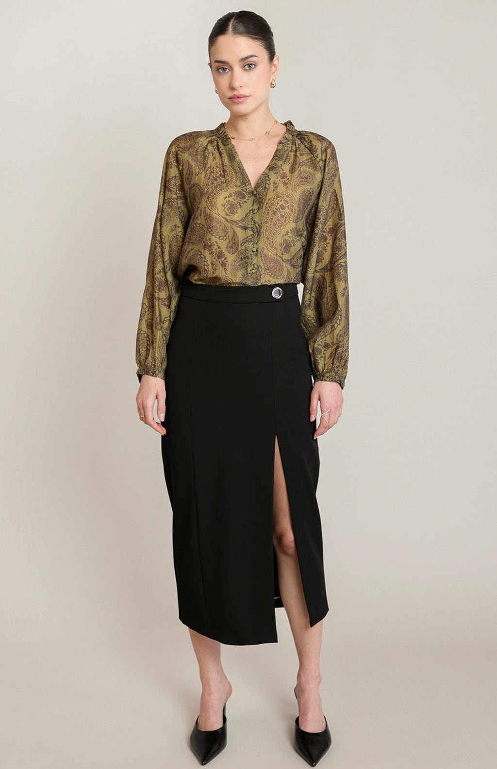 Paisley Olive Peasant Top