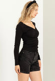 Black V-Neck Ruched Top