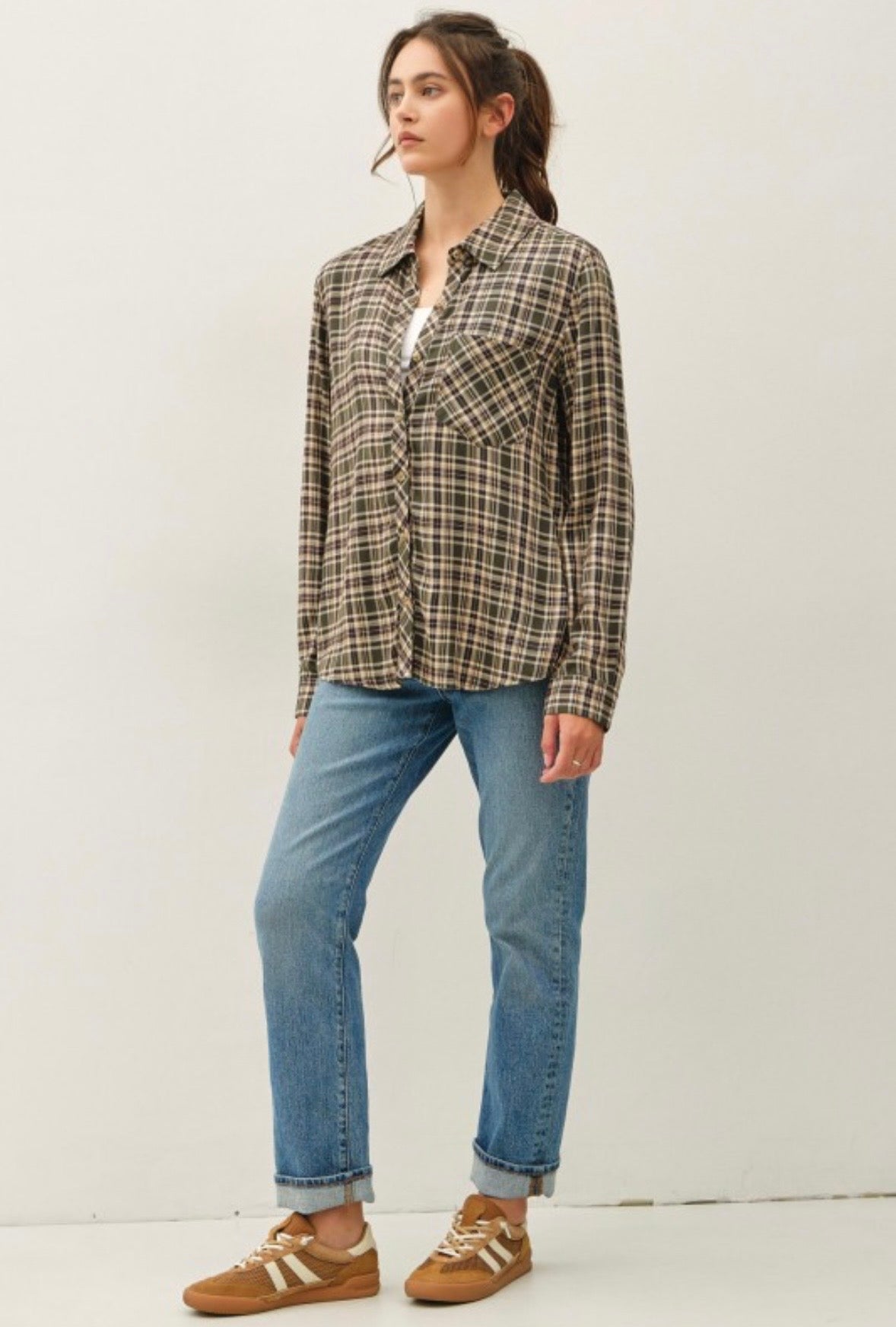 Forest Plaid Button Down Top
