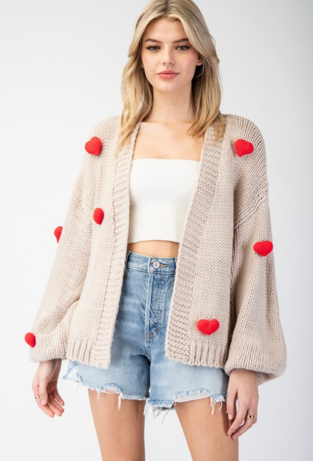 Cream 3D Heart Cardigan