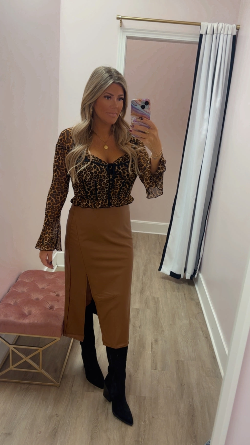 Camel Vegan Leather Midi Skirt