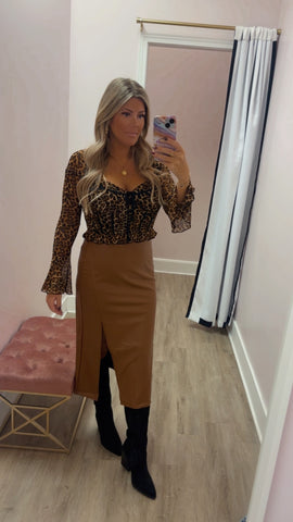 Camel Vegan Leather Midi Skirt