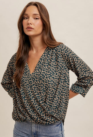 Teal Print Crossover Top