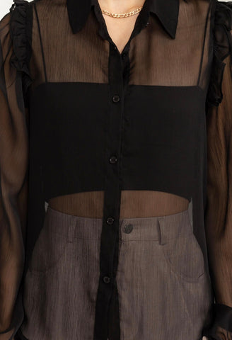 Black Sheer Ruffle Button Down Fashion Rx Black Sheer Ruffle Button Down Fashion Rx