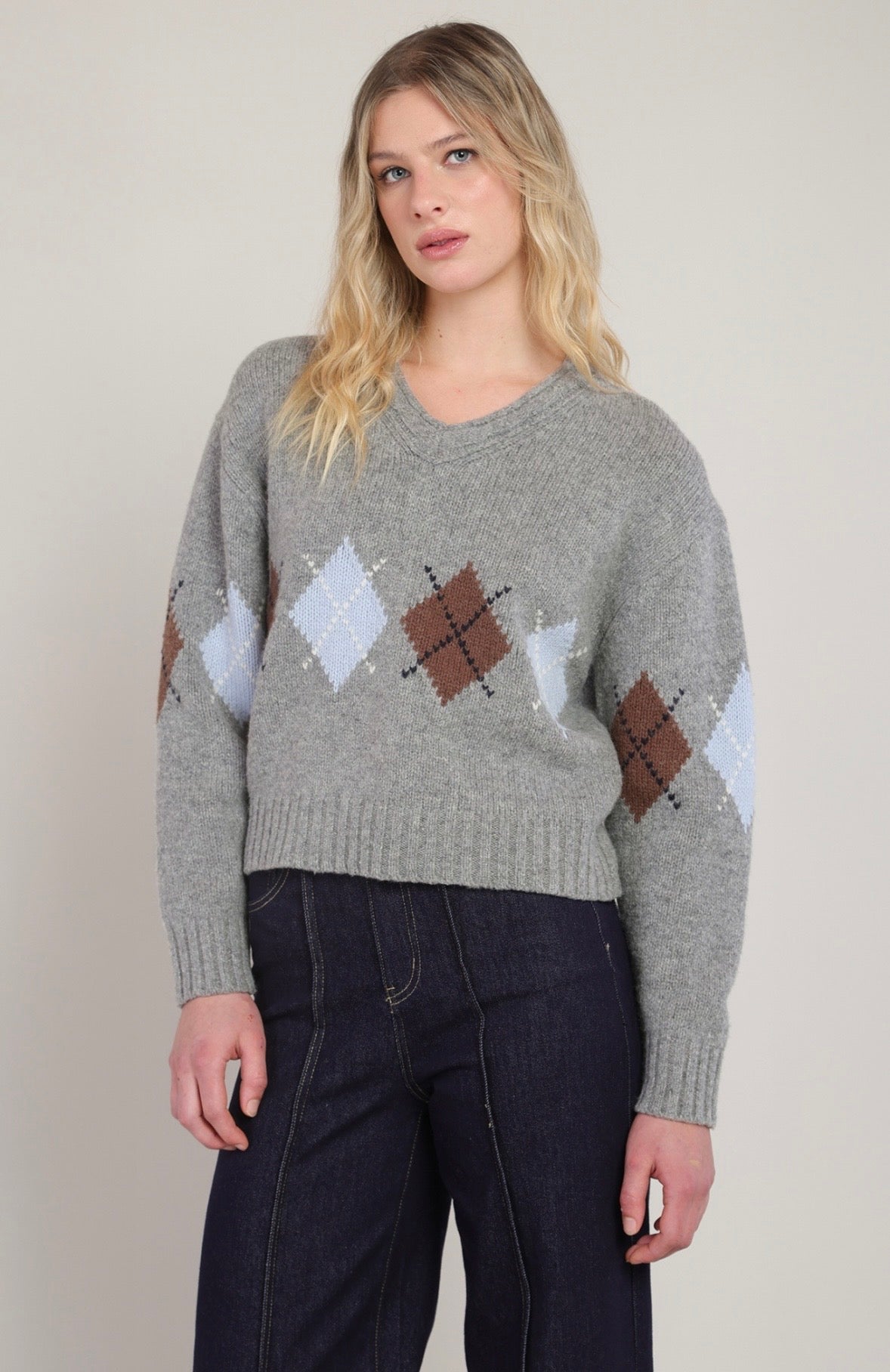 Grey Argyle Cropped Sweater