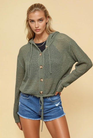 Olive Hooded Crochet Cardigan