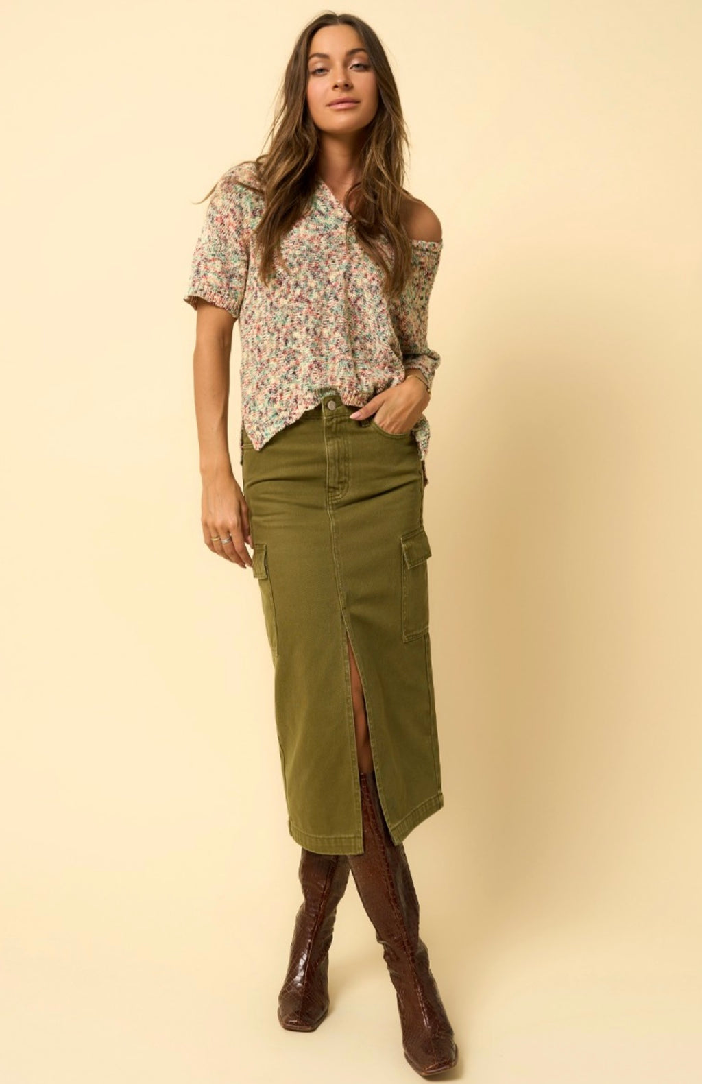 Olive Cargo Slit Skirt