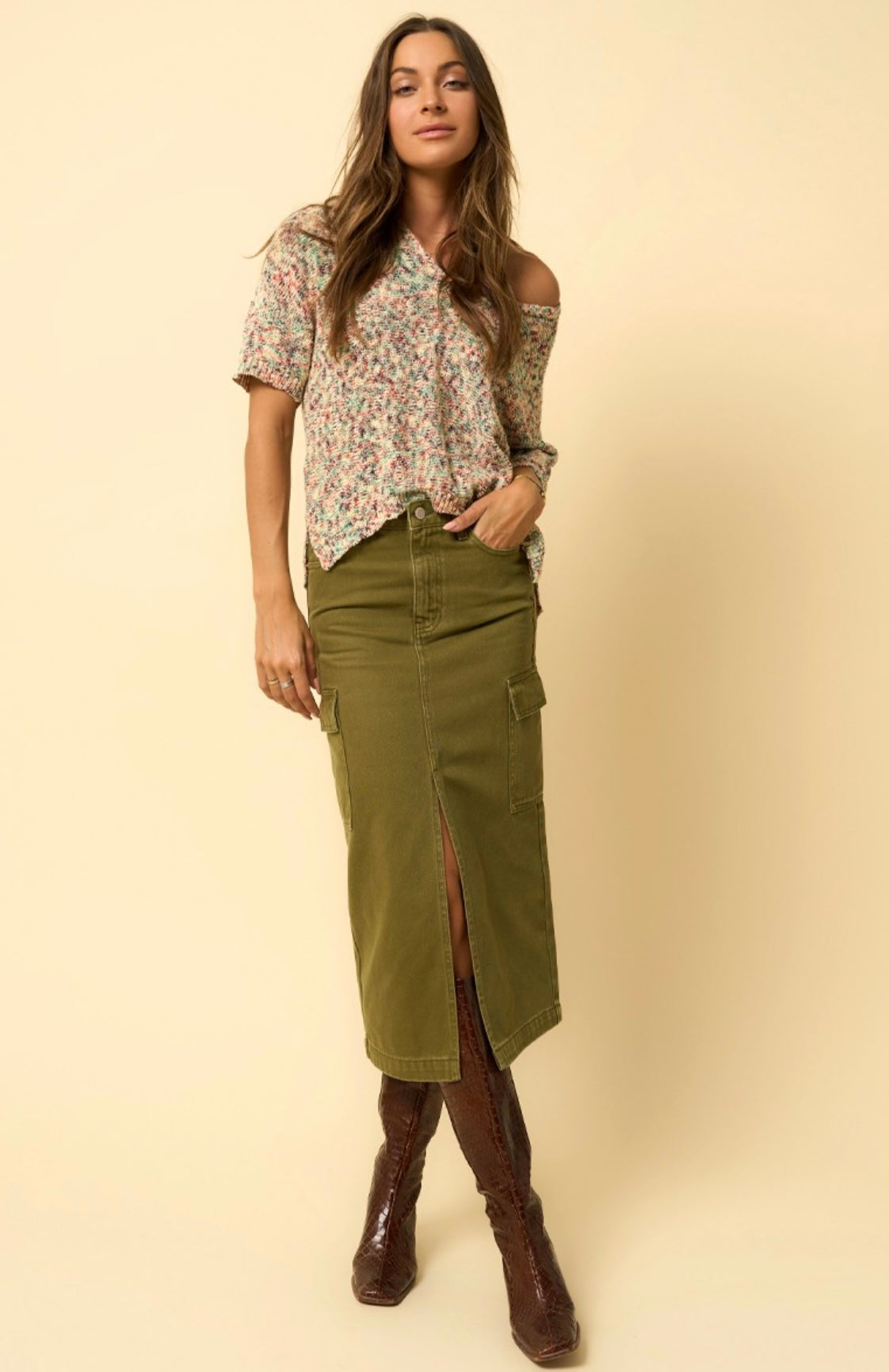 Olive Cargo Slit Skirt