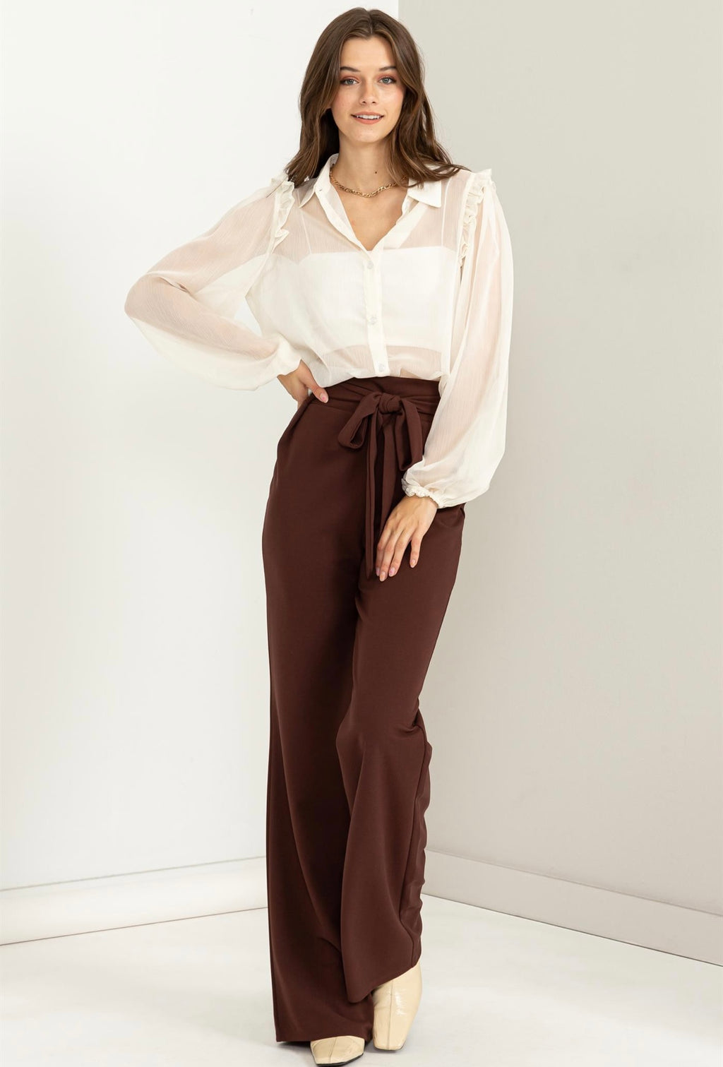 Ivory Sheer Ruffle Button Down