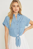 Denim Short Sleeve Button Down Tie Top