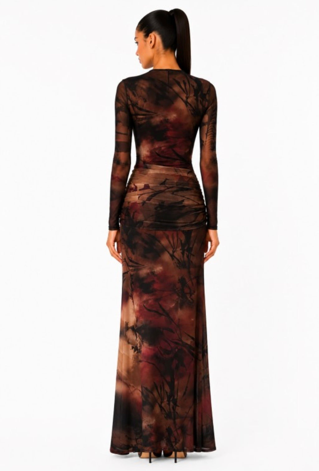 Brown Abstract Mesh Maxi Dress