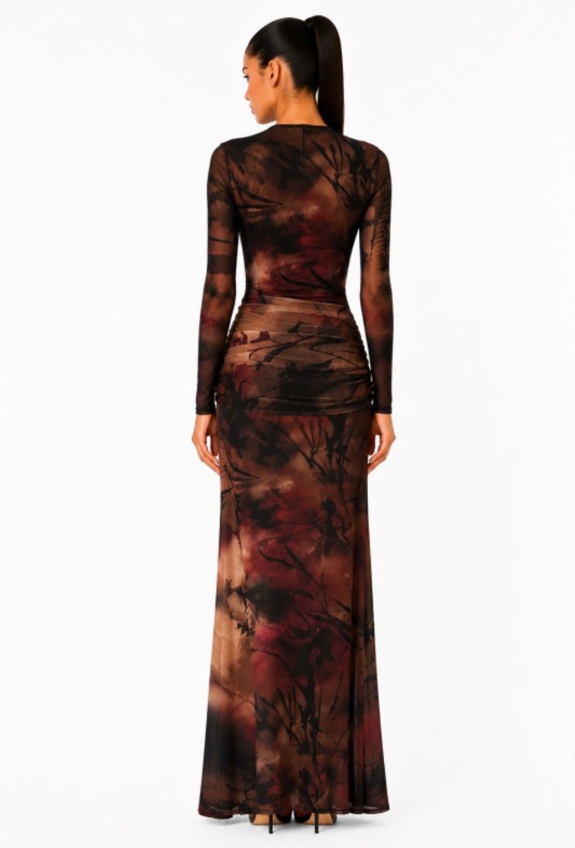 Brown Abstract Mesh Maxi Dress