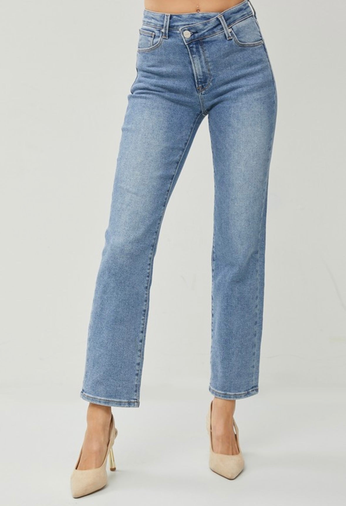 High Rise Crossover Straight Leg Jeans