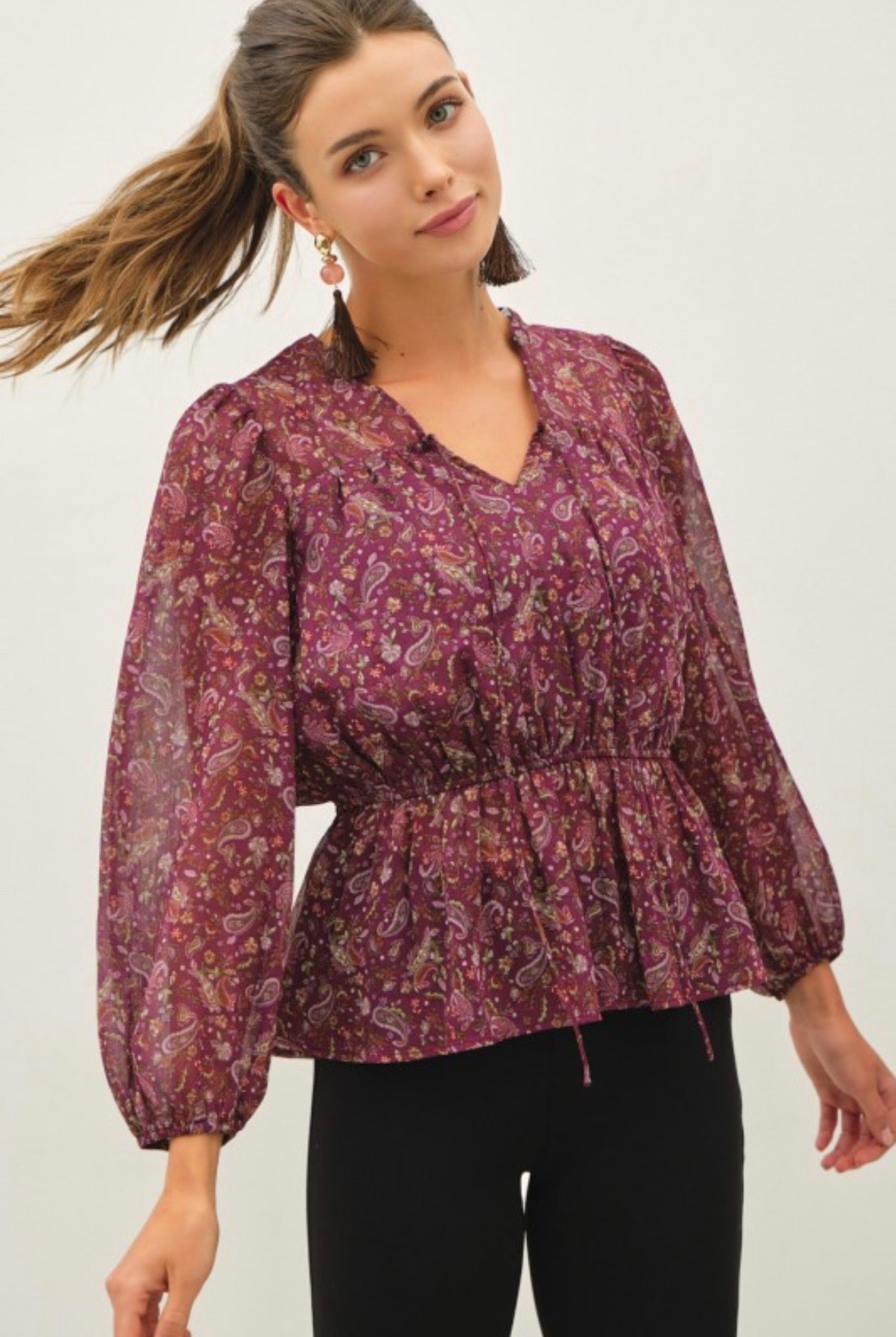 Plum Paisley Peasant Top