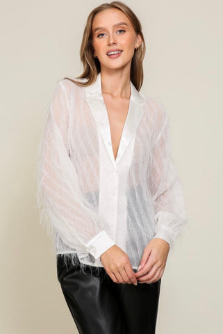 White Fringe Glitter Button Down