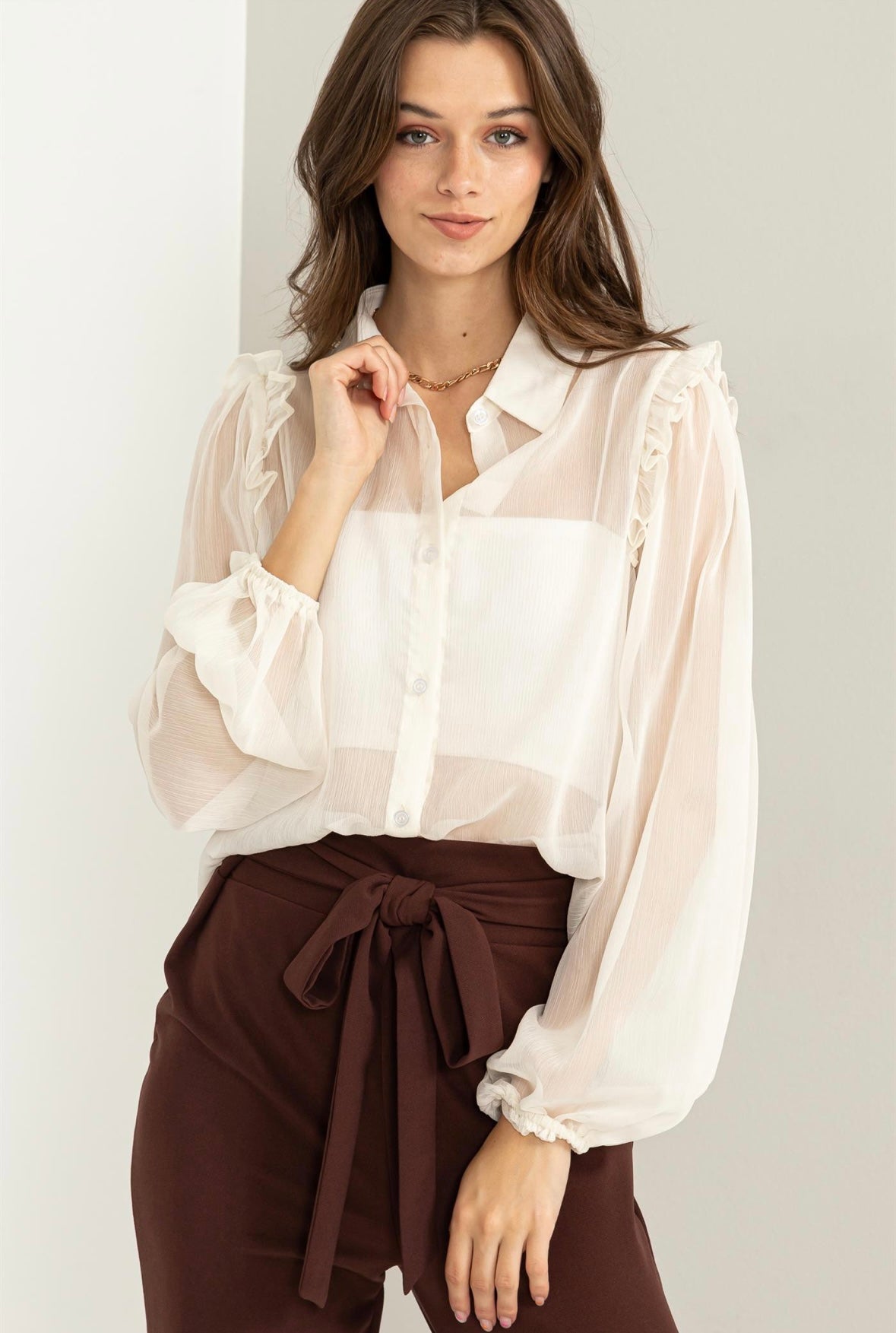 Ivory Sheer Ruffle Button Down