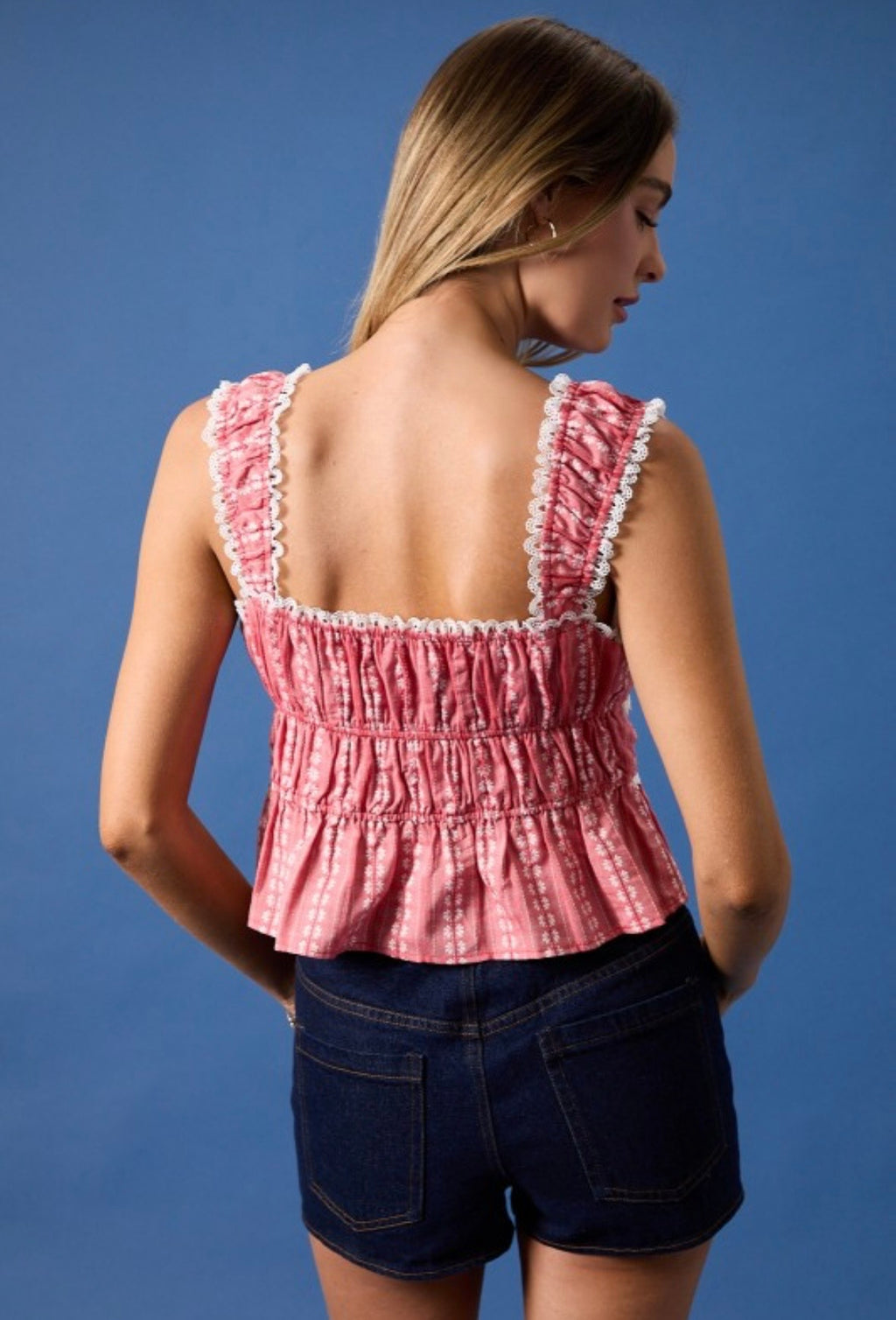 Red Tiered Lace Trim Tank Top