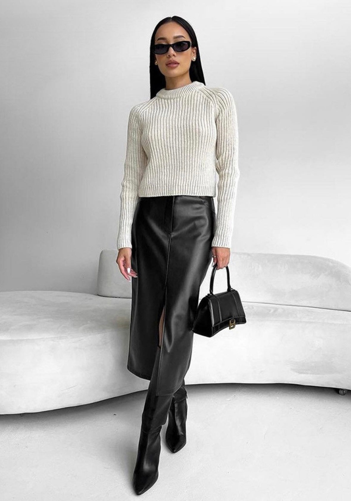 Black Vegan Leather Slit Skirt