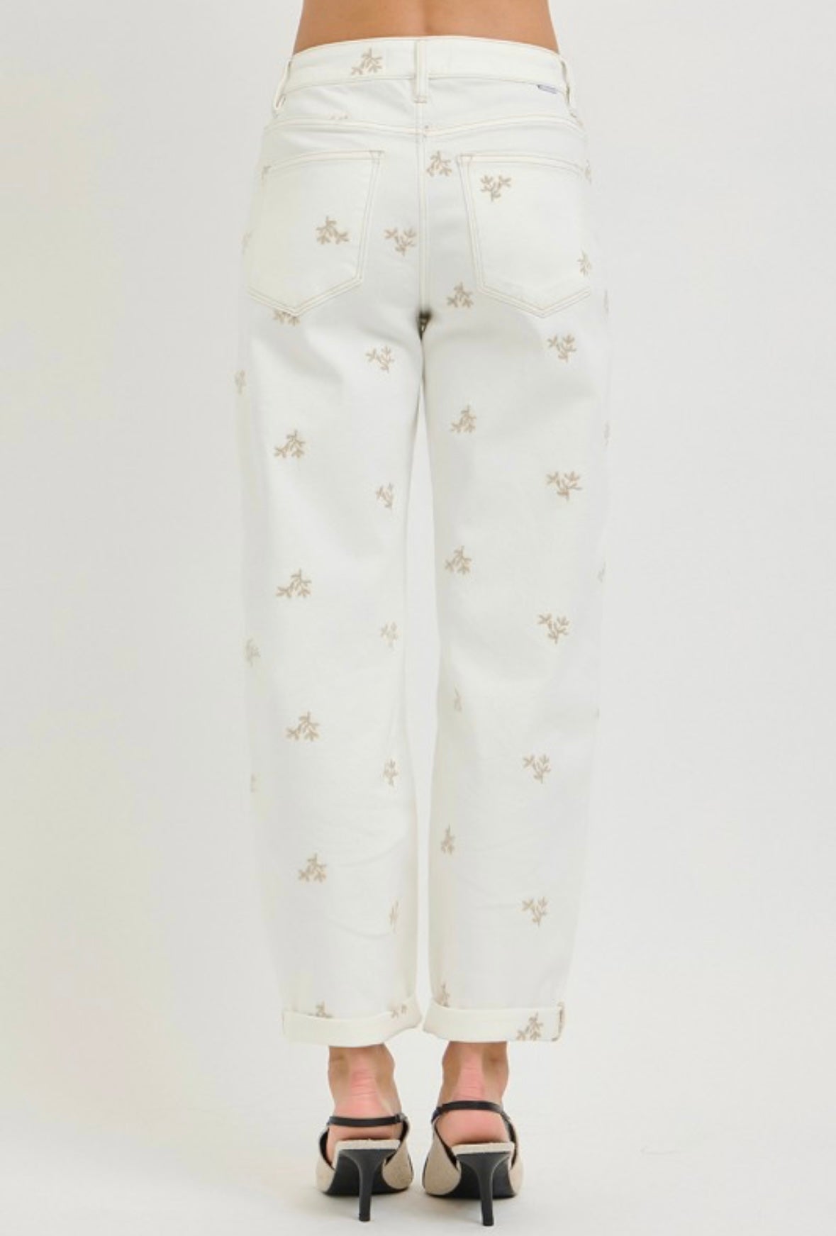 Cream Floral Barrel Jeans