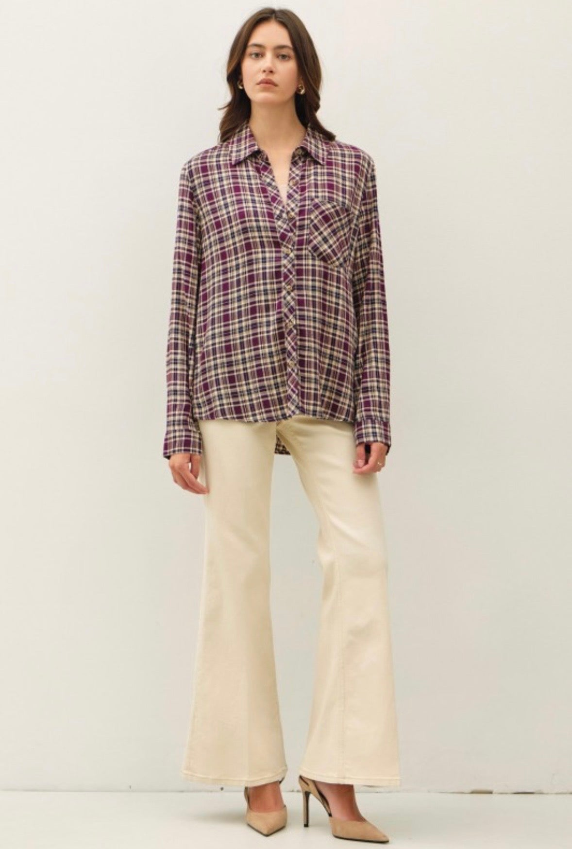 Plum Plaid Button Down Top