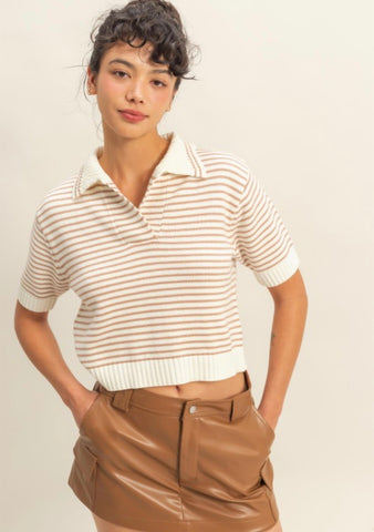 Cream Striped Collard Sweater
