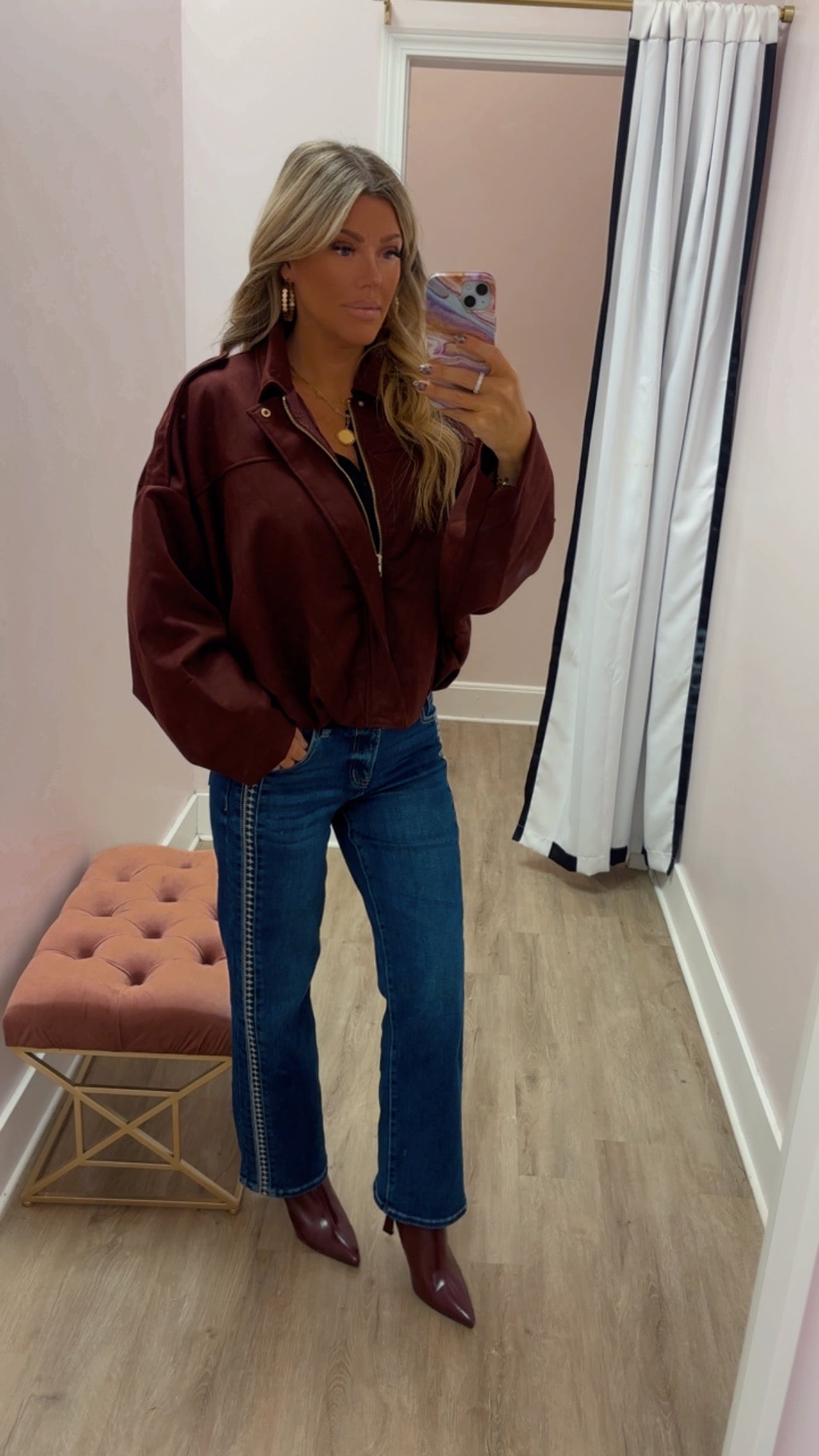 Wine Suede Balloon Bomber Jacket