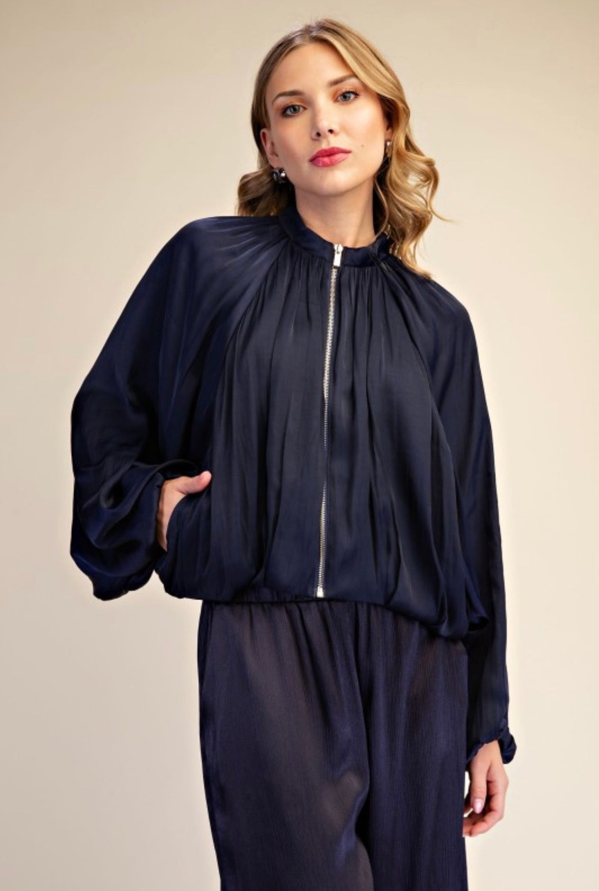 Navy Satin Balloon Bomber Jacket