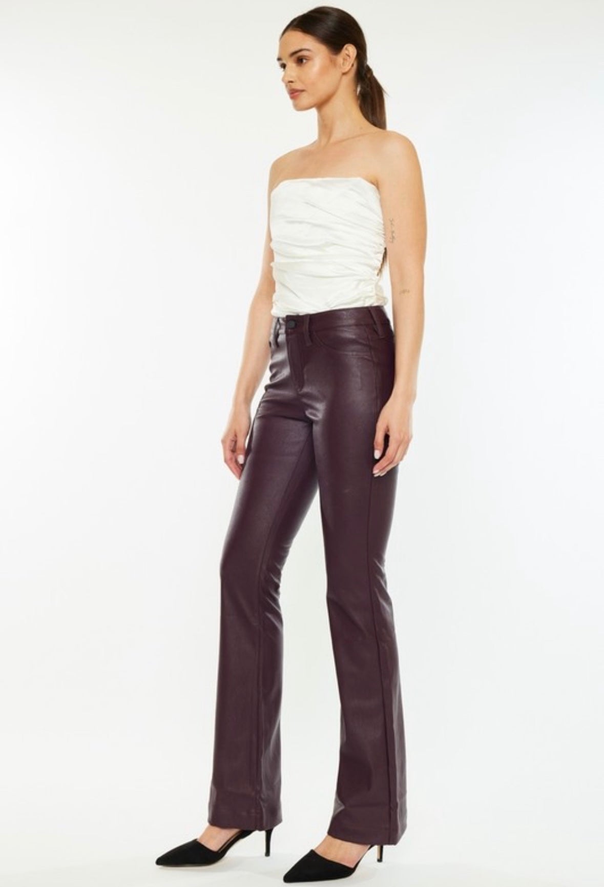 Wine Vegan Leather Flare Pants