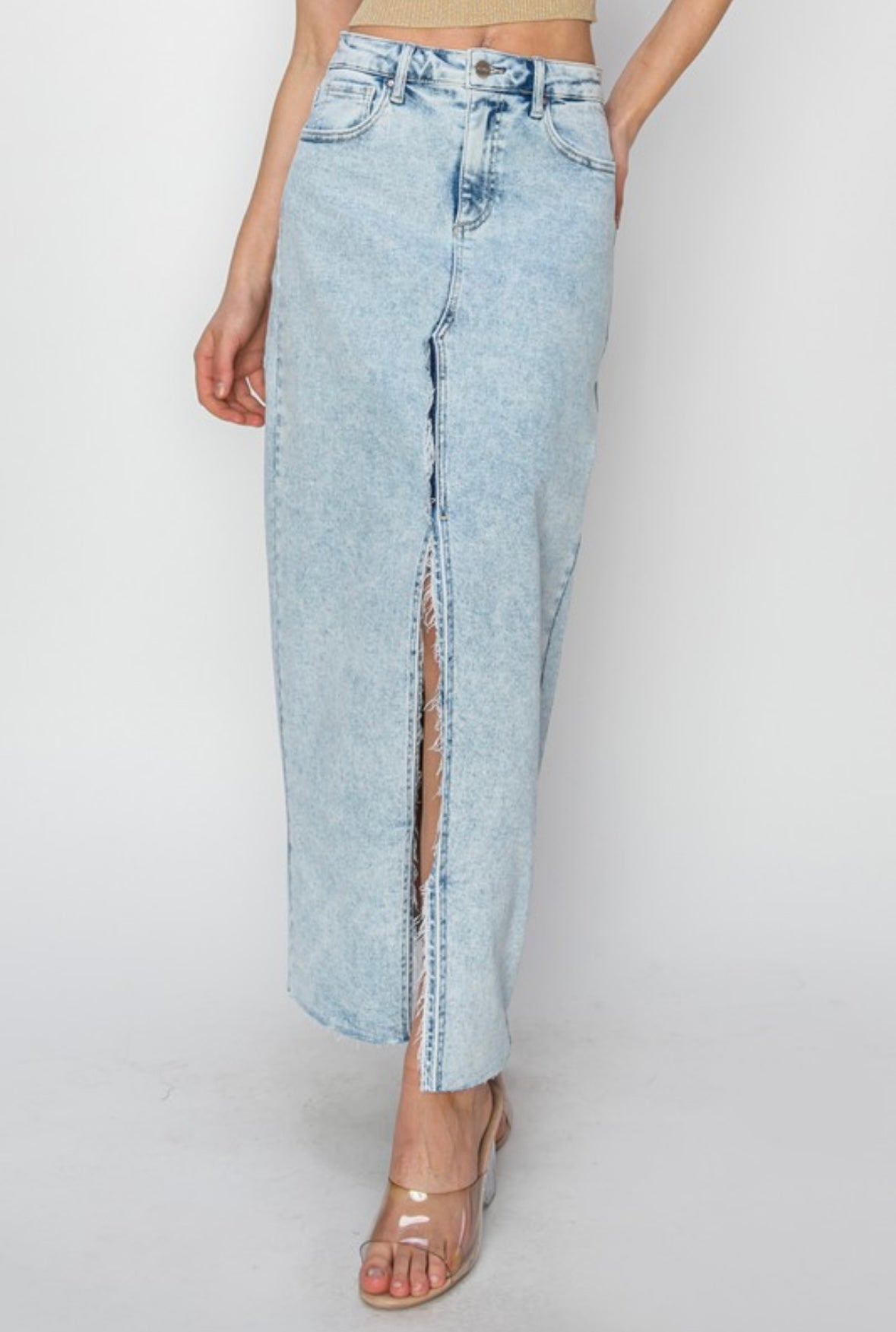 High Rise Denim Slit Maxi Skirt