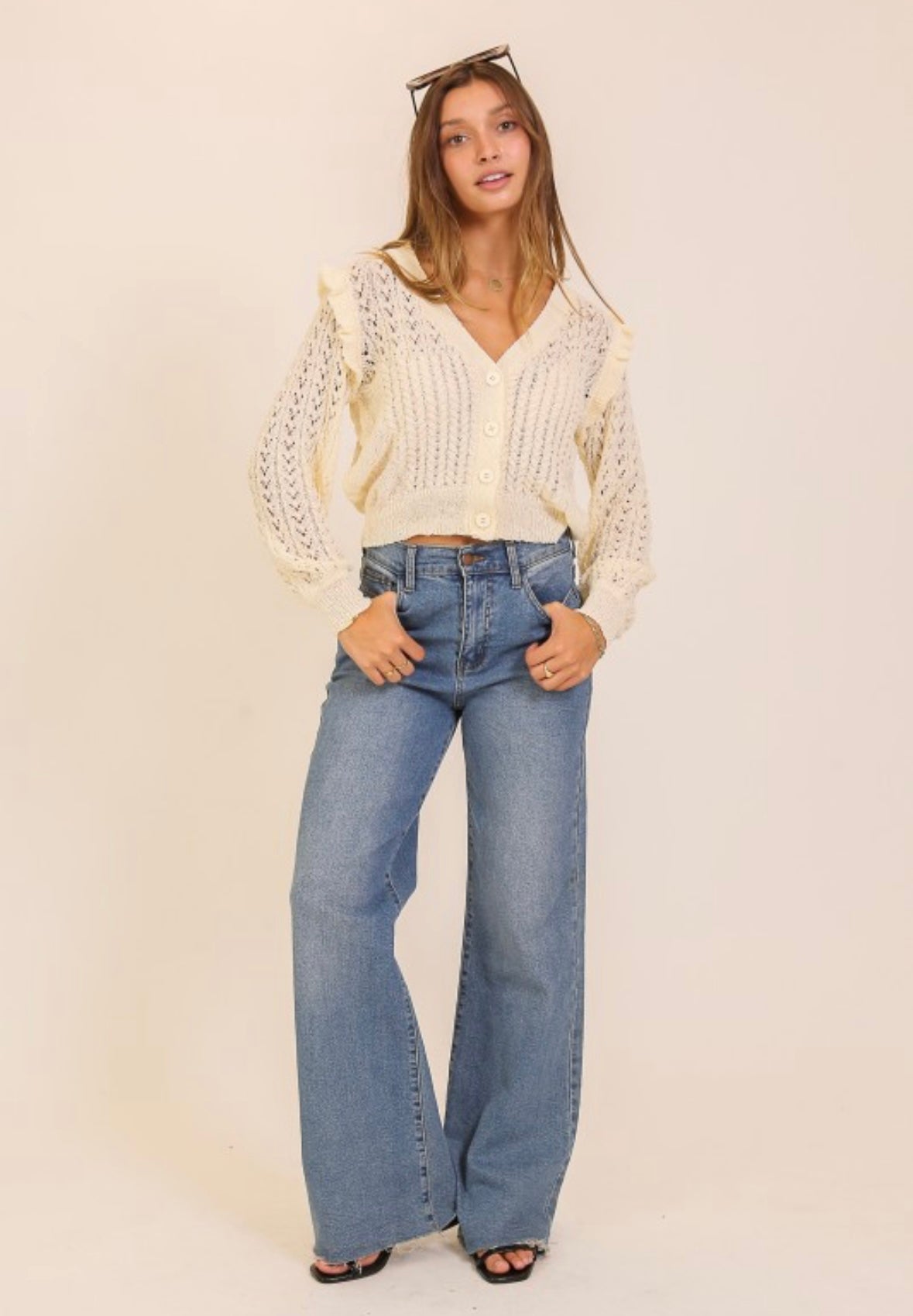 Cream Knit Ruffle Cardigan