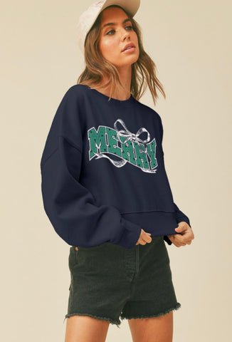 Navy Merry Cropped Sweatshirt