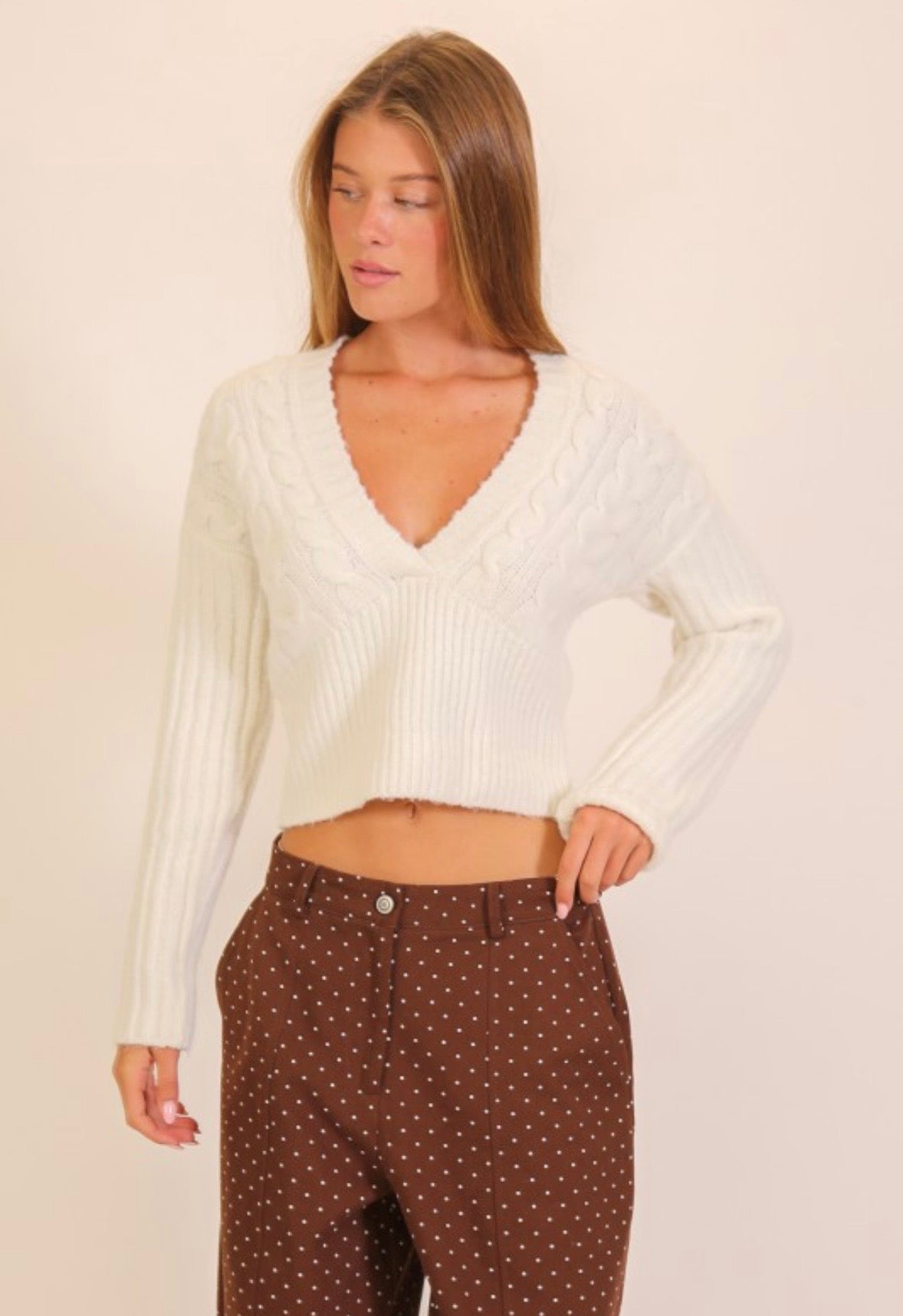 Cream Deep V Sweater
