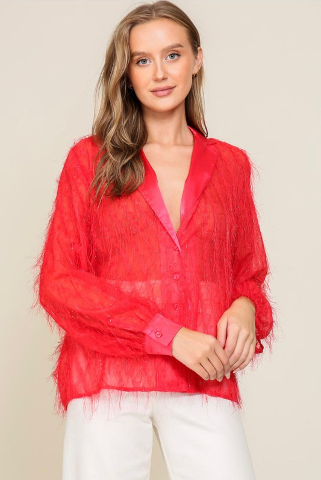 Red Fringe Glitter Button Down