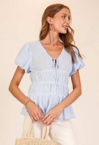 Light Blue Smocked Peplum Top