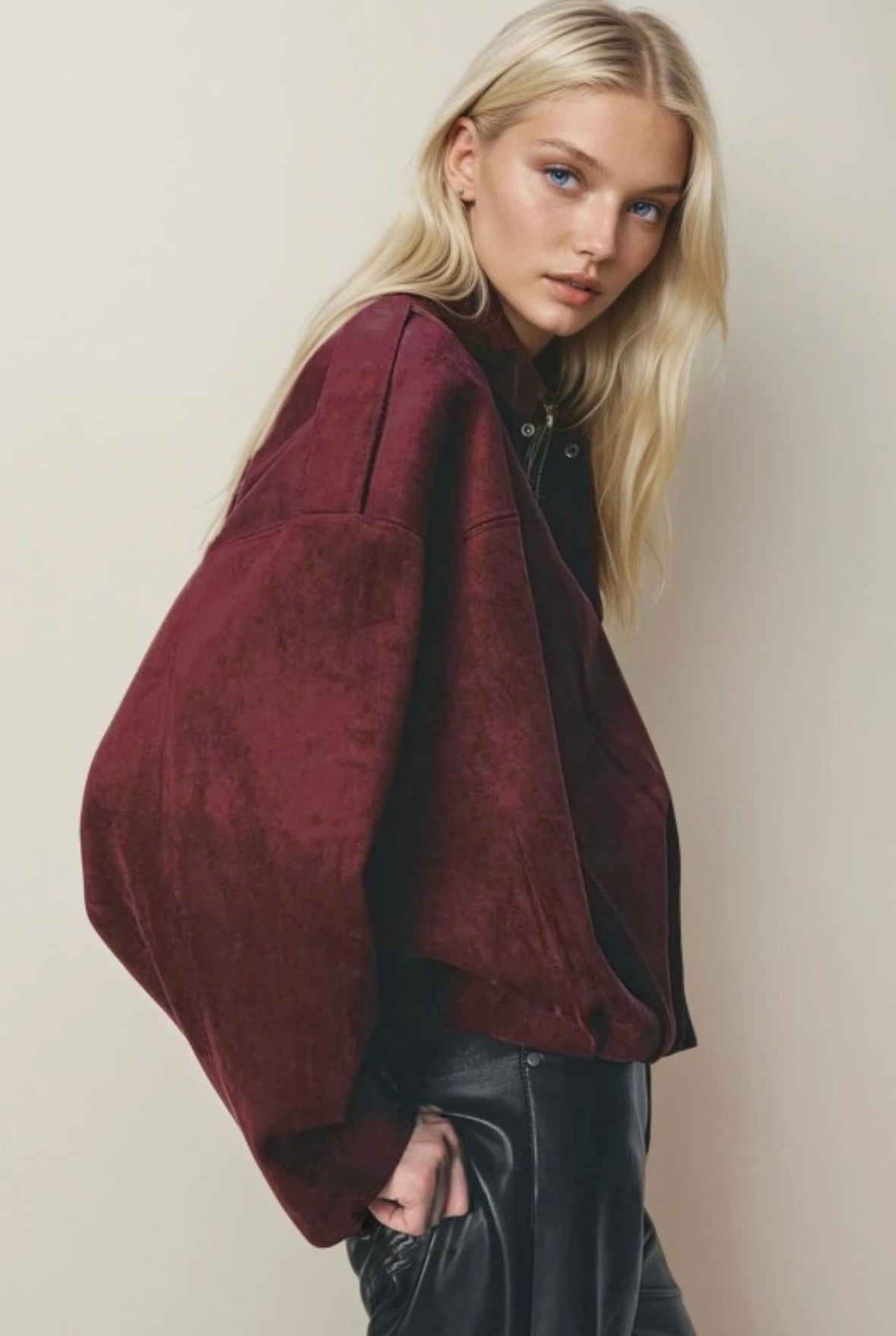 Wine Suede Balloon Bomber Jacket