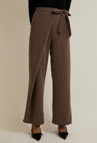 Mocha Pinstripe Wrap Front Pants