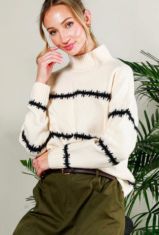 Cream Mock Neck Stripe Sweater