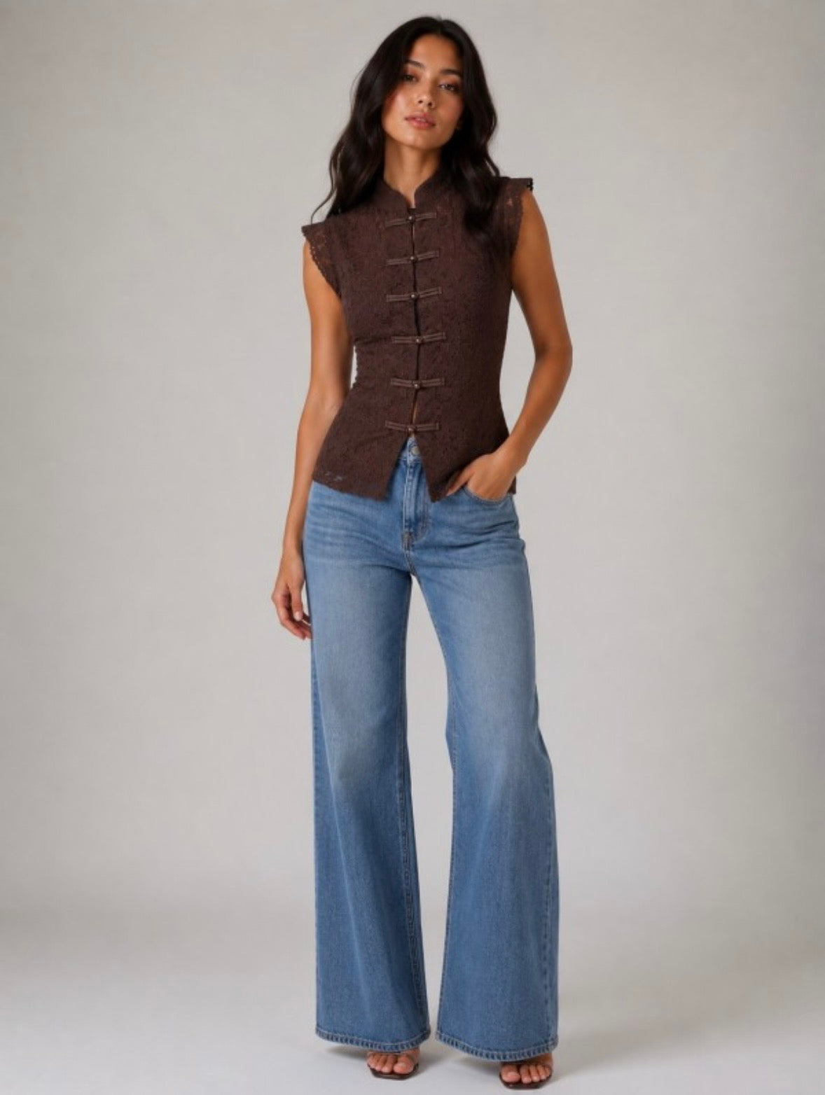 Brown Lace Mandarin Top