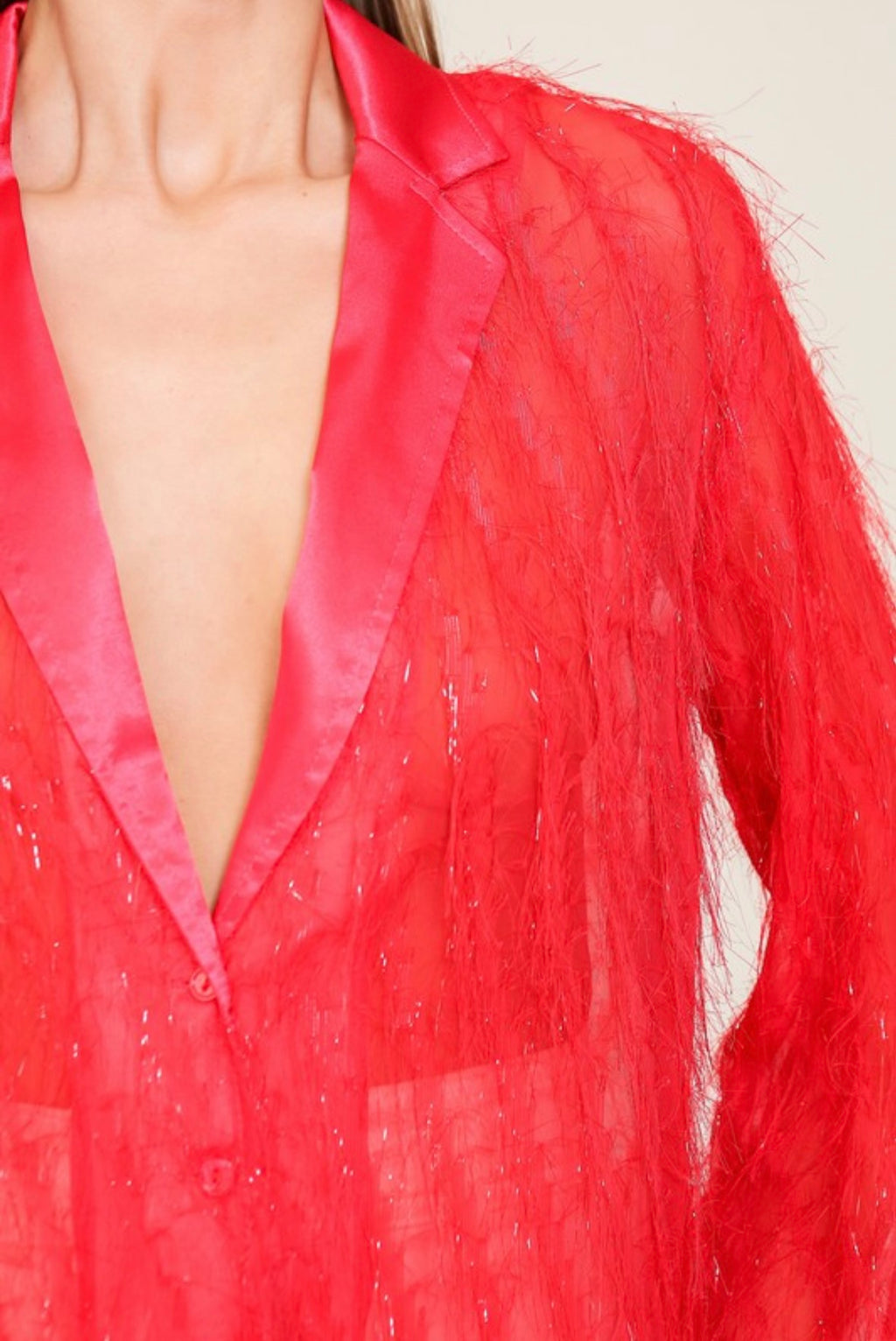 Red Fringe Glitter Button Down