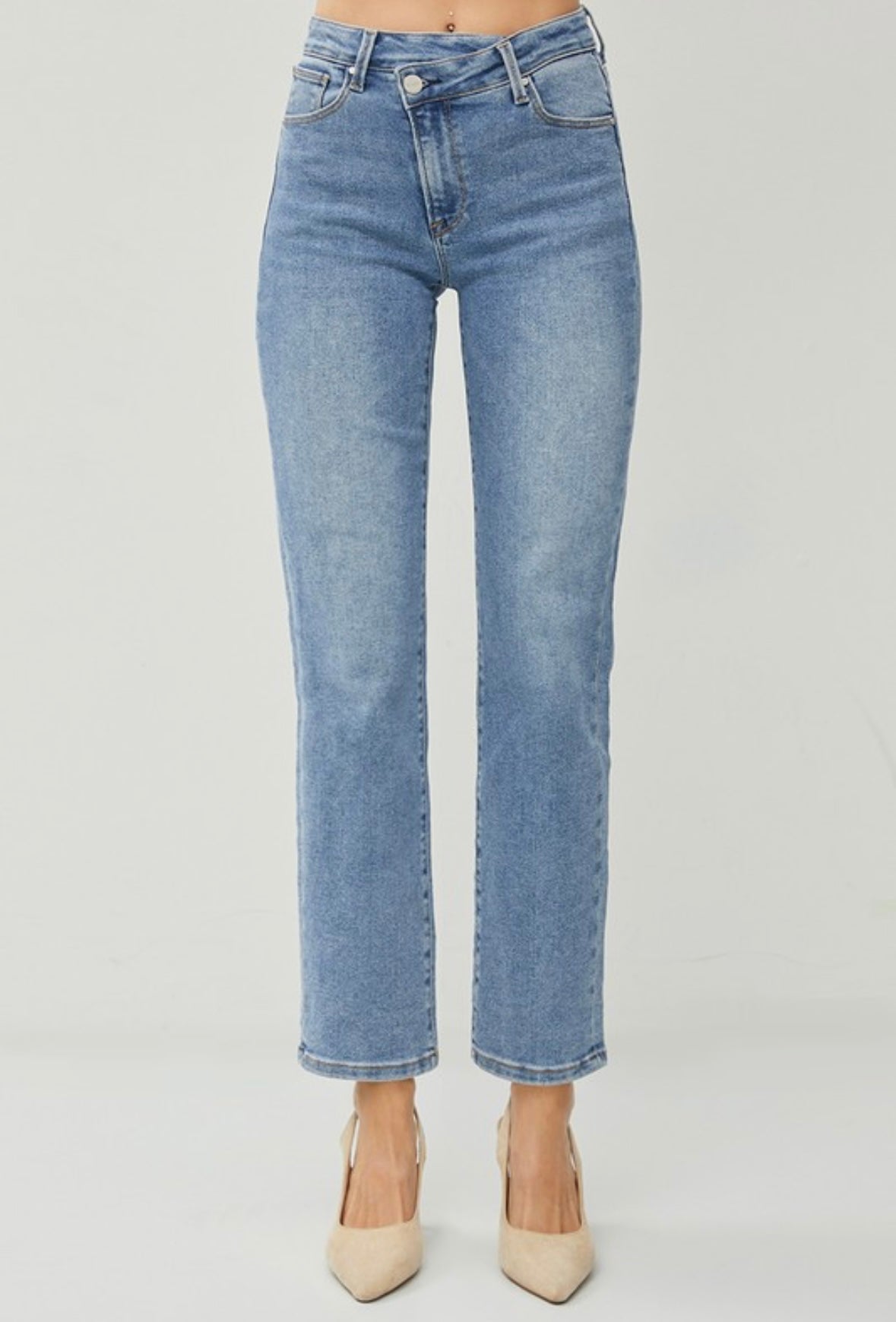 High Rise Crossover Straight Leg Jeans