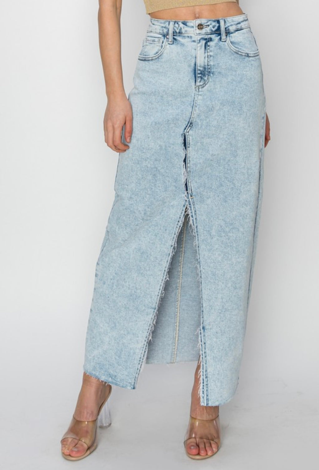 High Rise Denim Slit Maxi Skirt