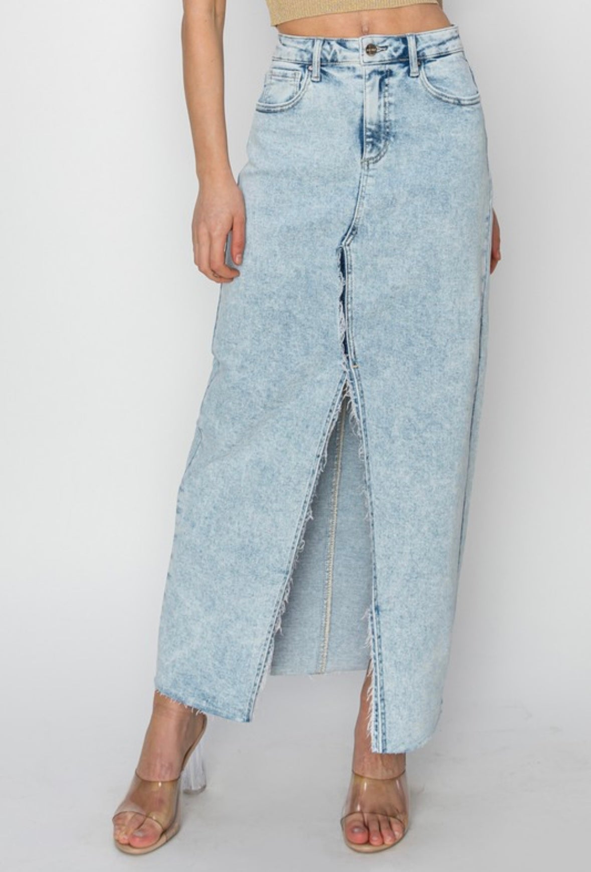 High Rise Denim Slit Maxi Skirt
